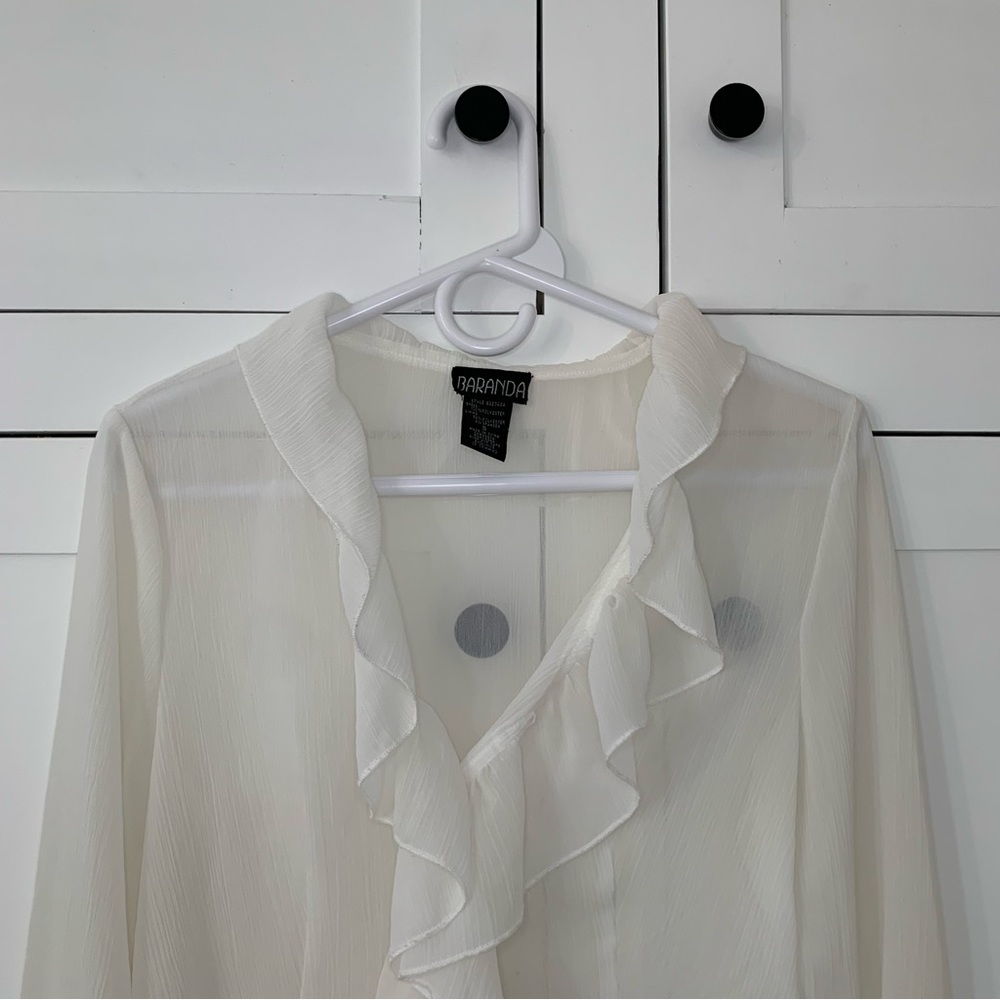 Baranda White Sheer Ruffle Blouse Size Small - Picture 4 of 14